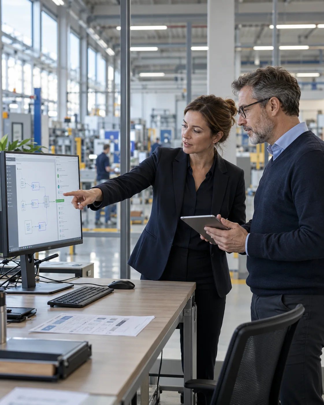 Illustrative work scene: two specialists review a digital process on a screen in a manufacturing business.