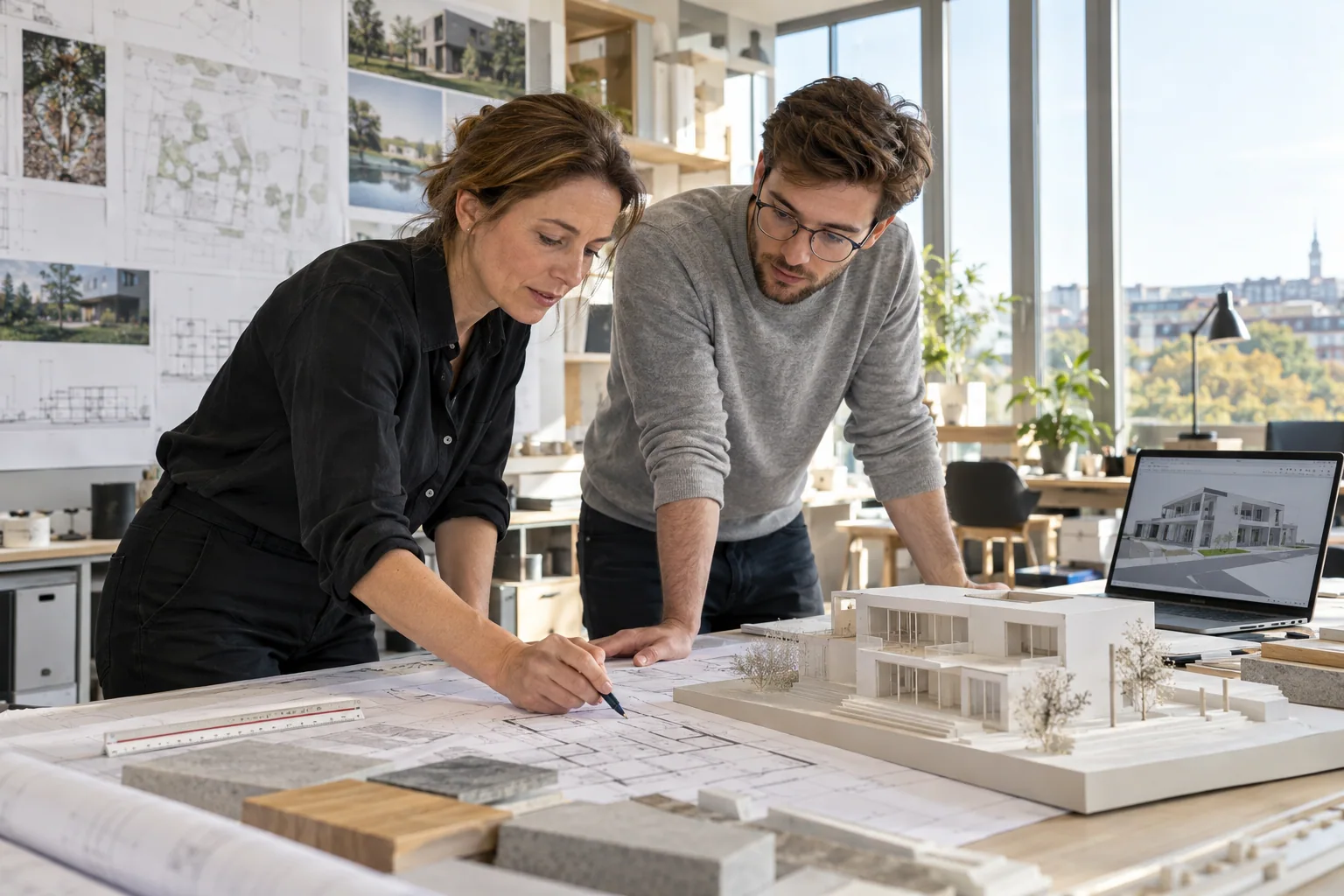 Illustrative planning scene: an architecture team works with building plans, a physical model and a digital building model.