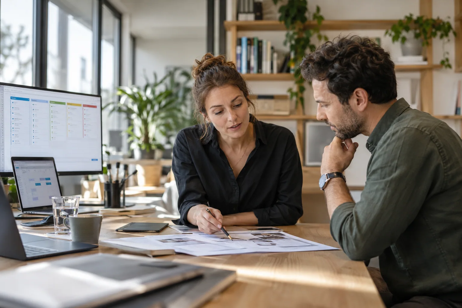 Illustrative professional services scene: two specialists discuss a client project with project documents and a digital task overview.