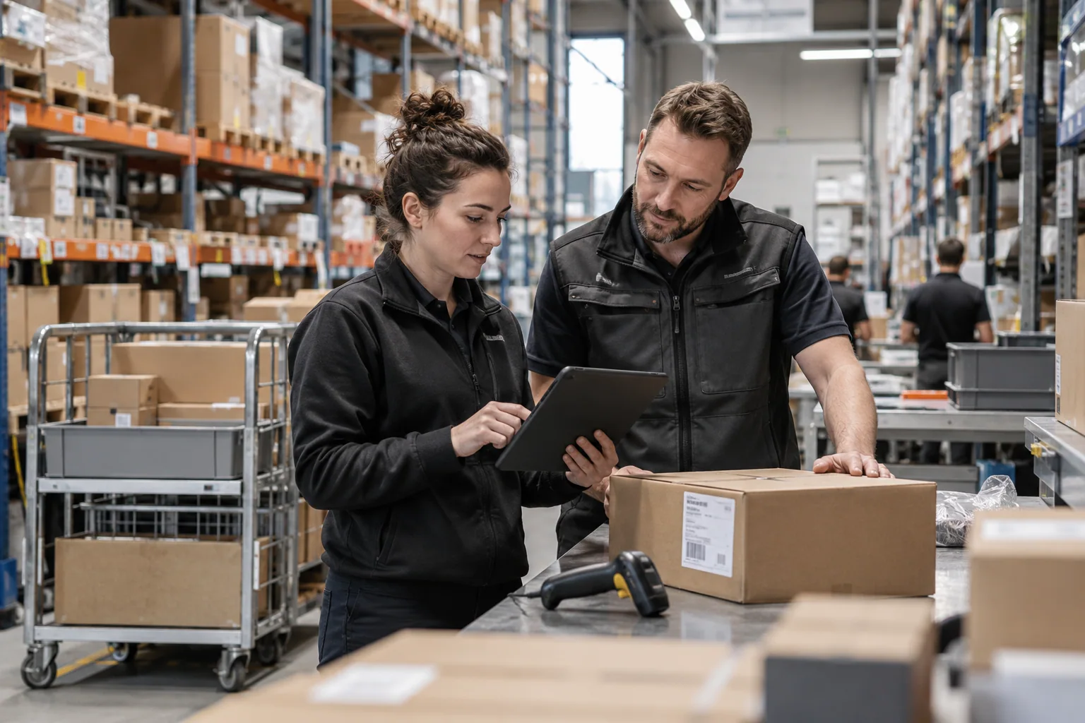 Illustrative trade scene: staff compare an order on a tablet with a shipment, using a barcode scanner.