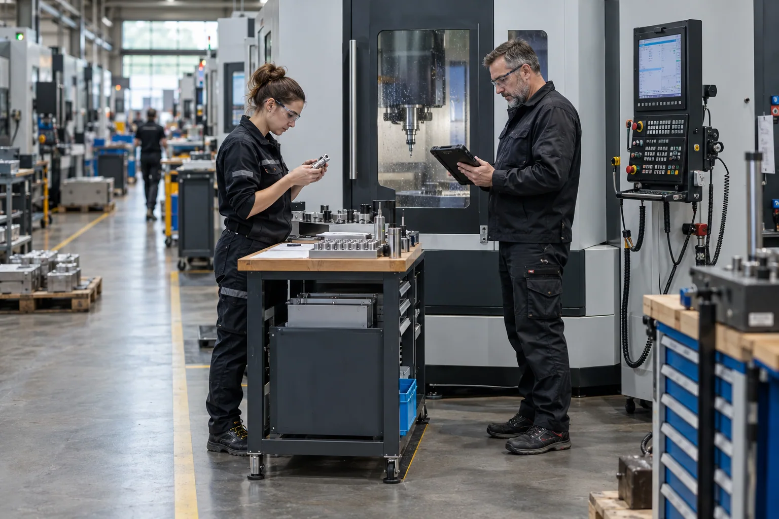 Illustrative manufacturing scene: two specialists check a component and a digital maintenance checklist at a CNC machine.