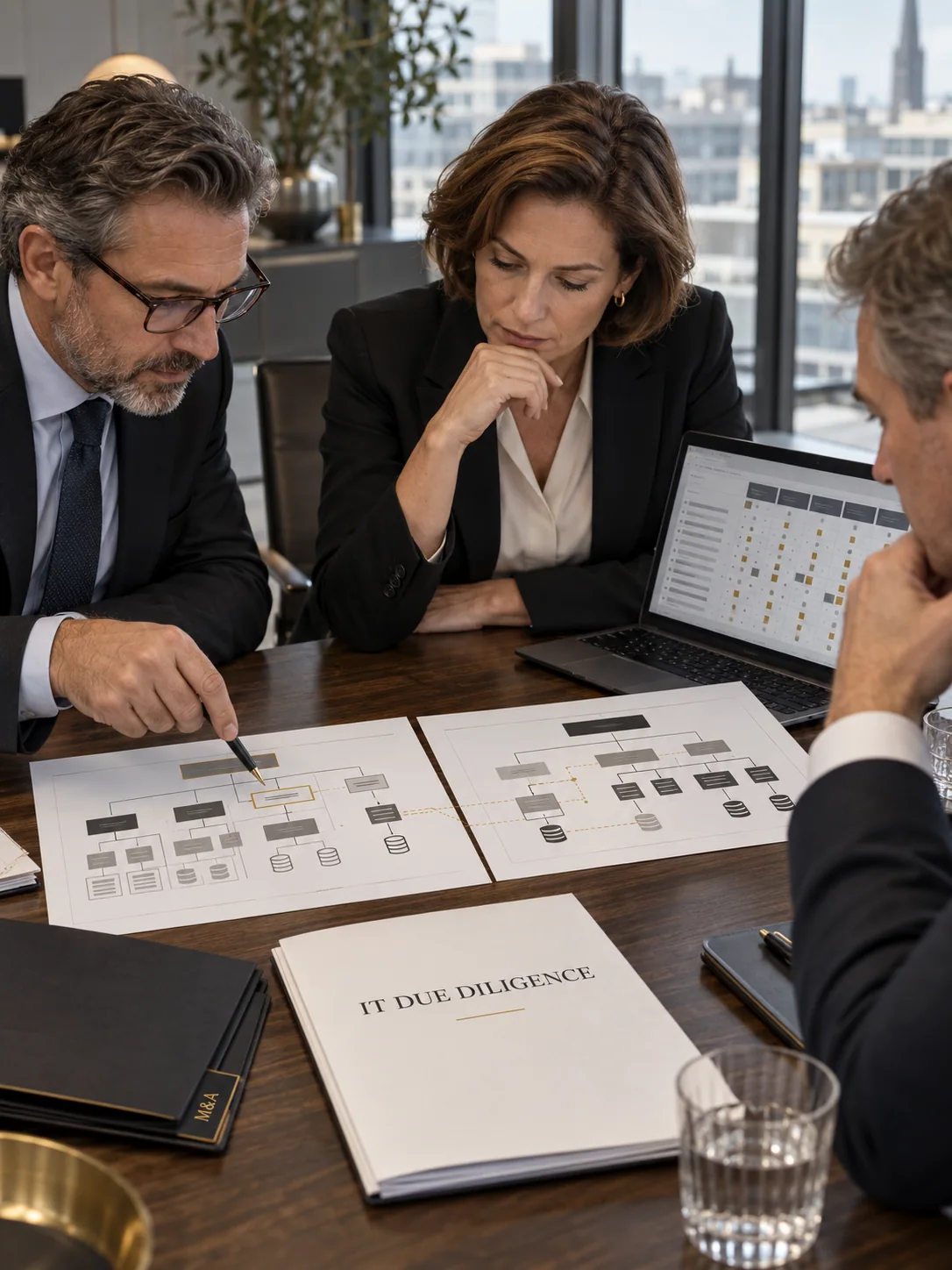 Fictional photorealistic M&A meeting: three people compare two IT landscapes and IT due diligence documents.