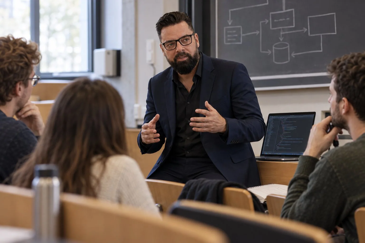Illustrative image: people discuss an application's architecture.