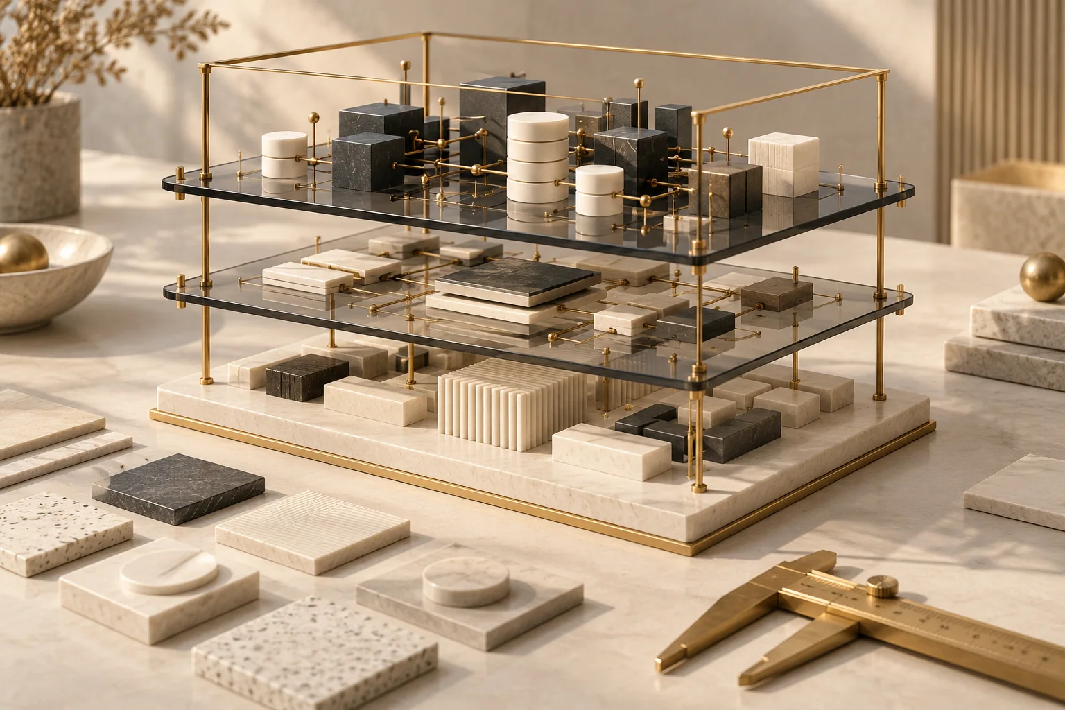 Abstract architecture model: ordered layers, data modules and golden connections turn individual requirements into a connected system.