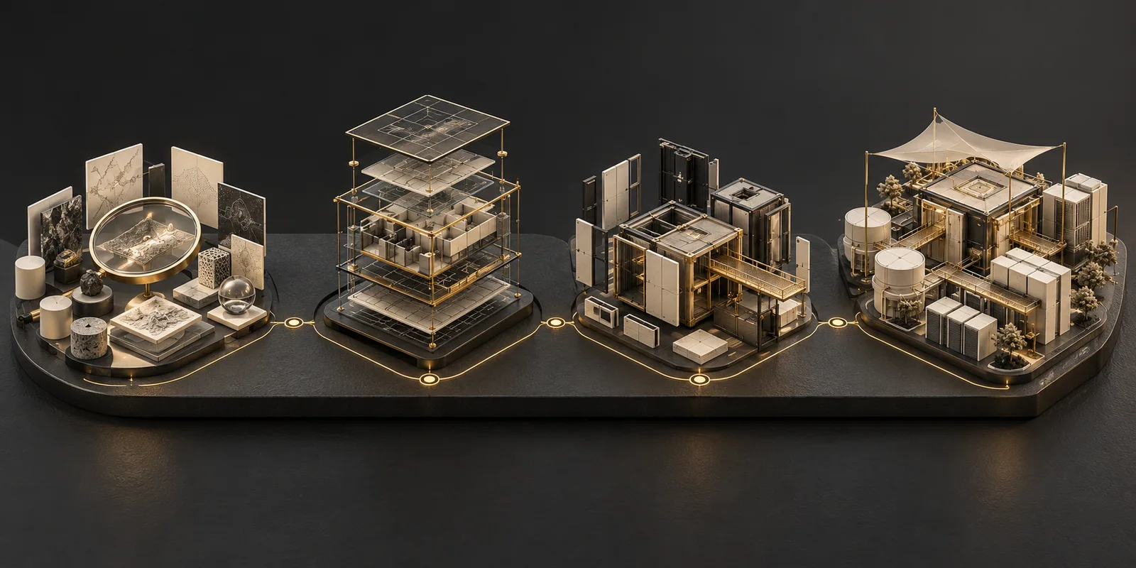 Detailed abstract project map with four connected stations: investigate information, design architecture, assemble modules and operate an organized system.