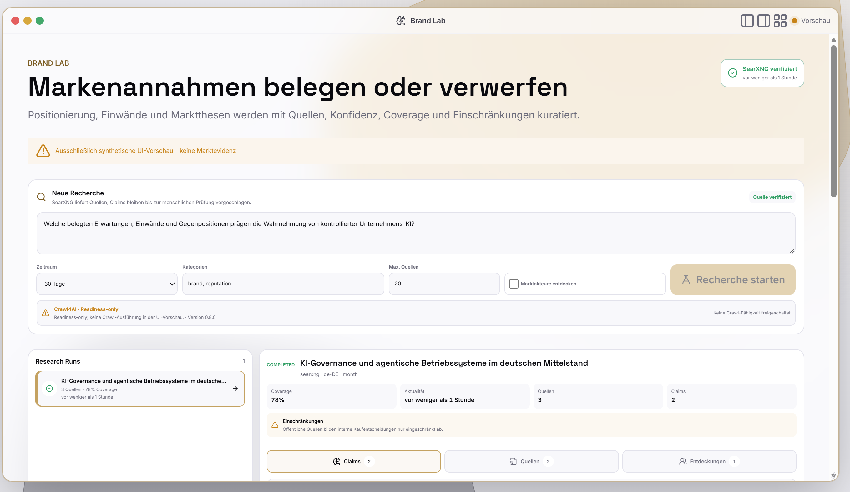 NALVRA COMMAND Brand Lab zur quellenbasierten Prüfung von Markenannahmen
