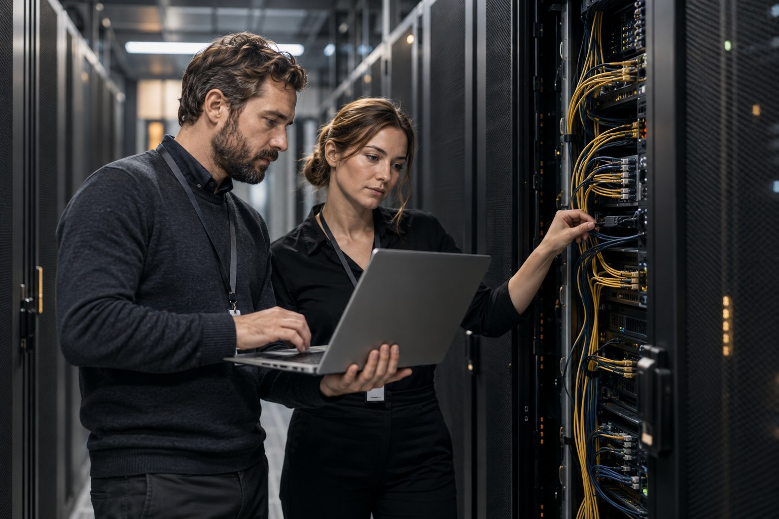IT-Fachkräfte prüfen einen Serverschrank im Rechenzentrum