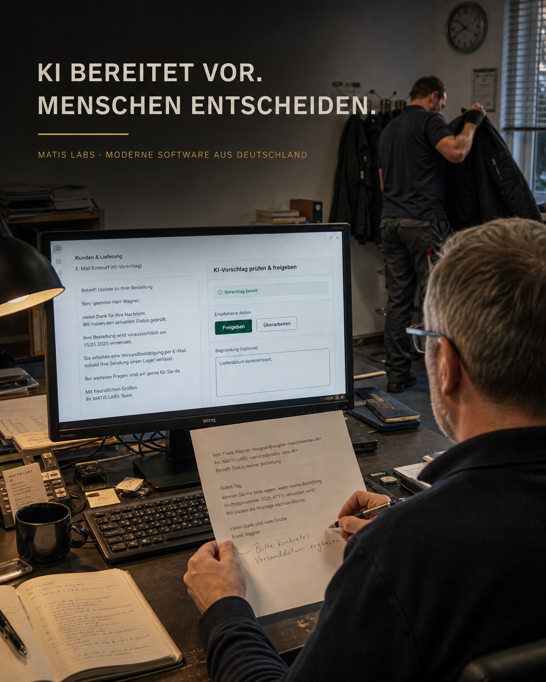 AI bereitet Arbeit in einem realen Unternehmensszenario vor, der Mensch entscheidet