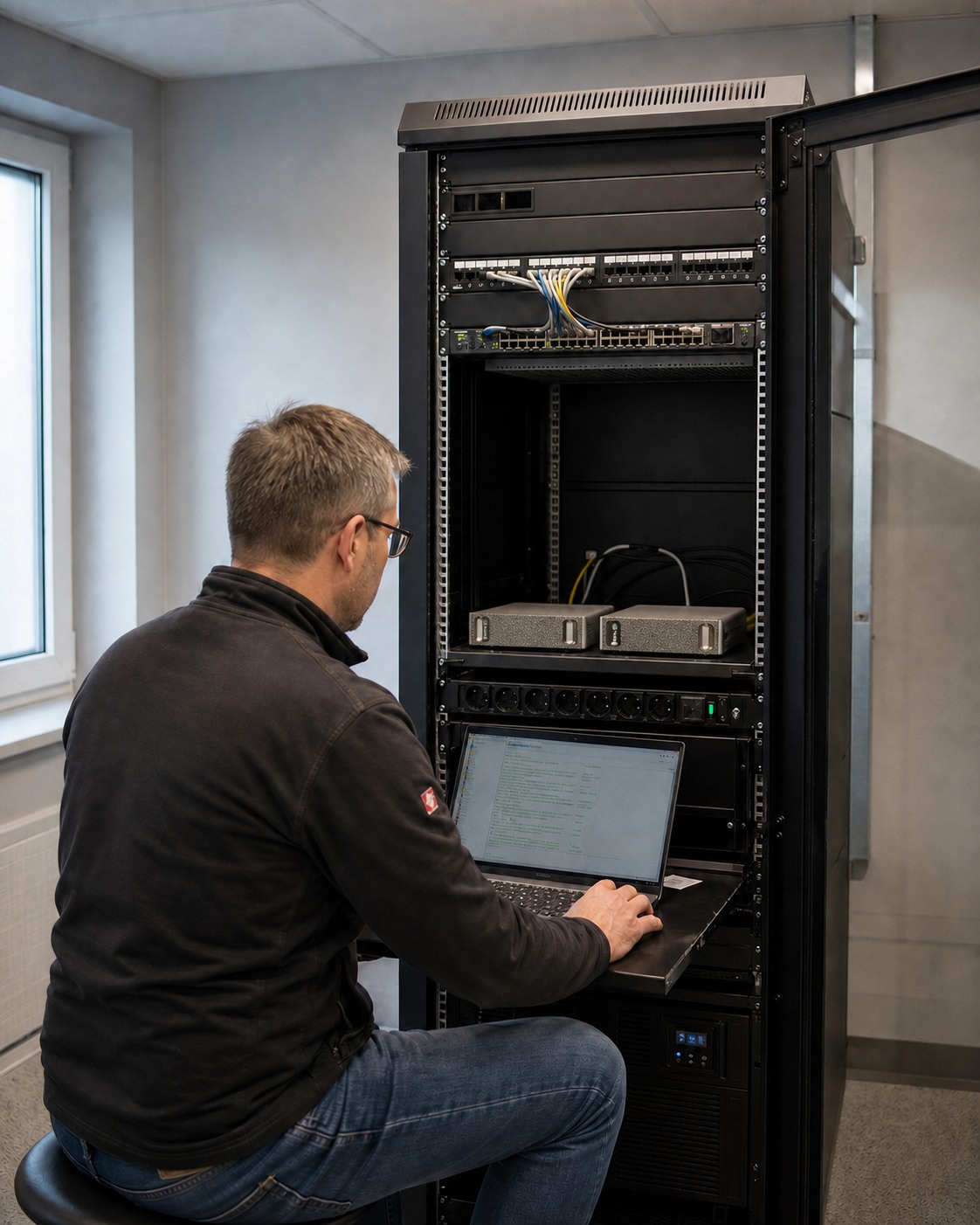 Techniker in einem kleinen Firmen-Technikraum vor einem 19-Zoll-Rack mit zwei NVIDIA DGX Spark Systemen