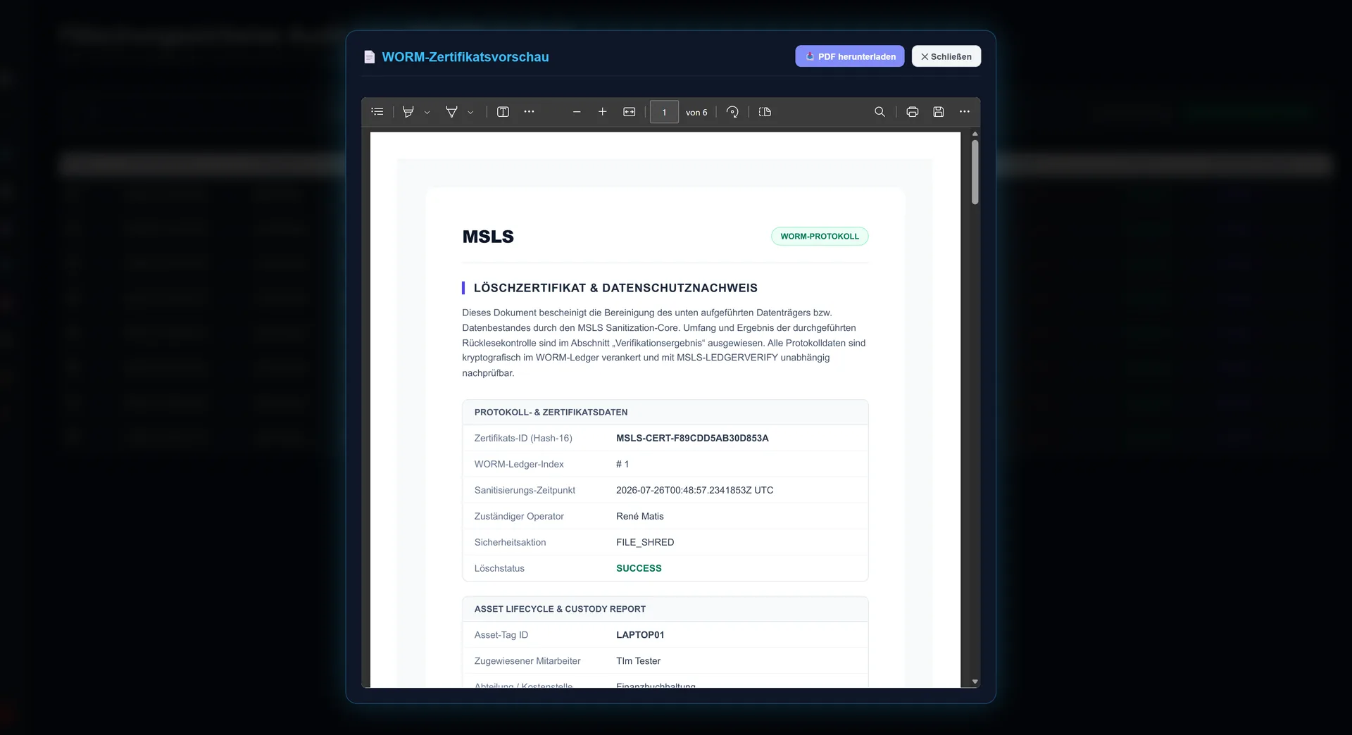 NALVRA ERASE WORM-Zertifikat mit Zertifikats-ID, Ledger-Index und Datenträgerdaten