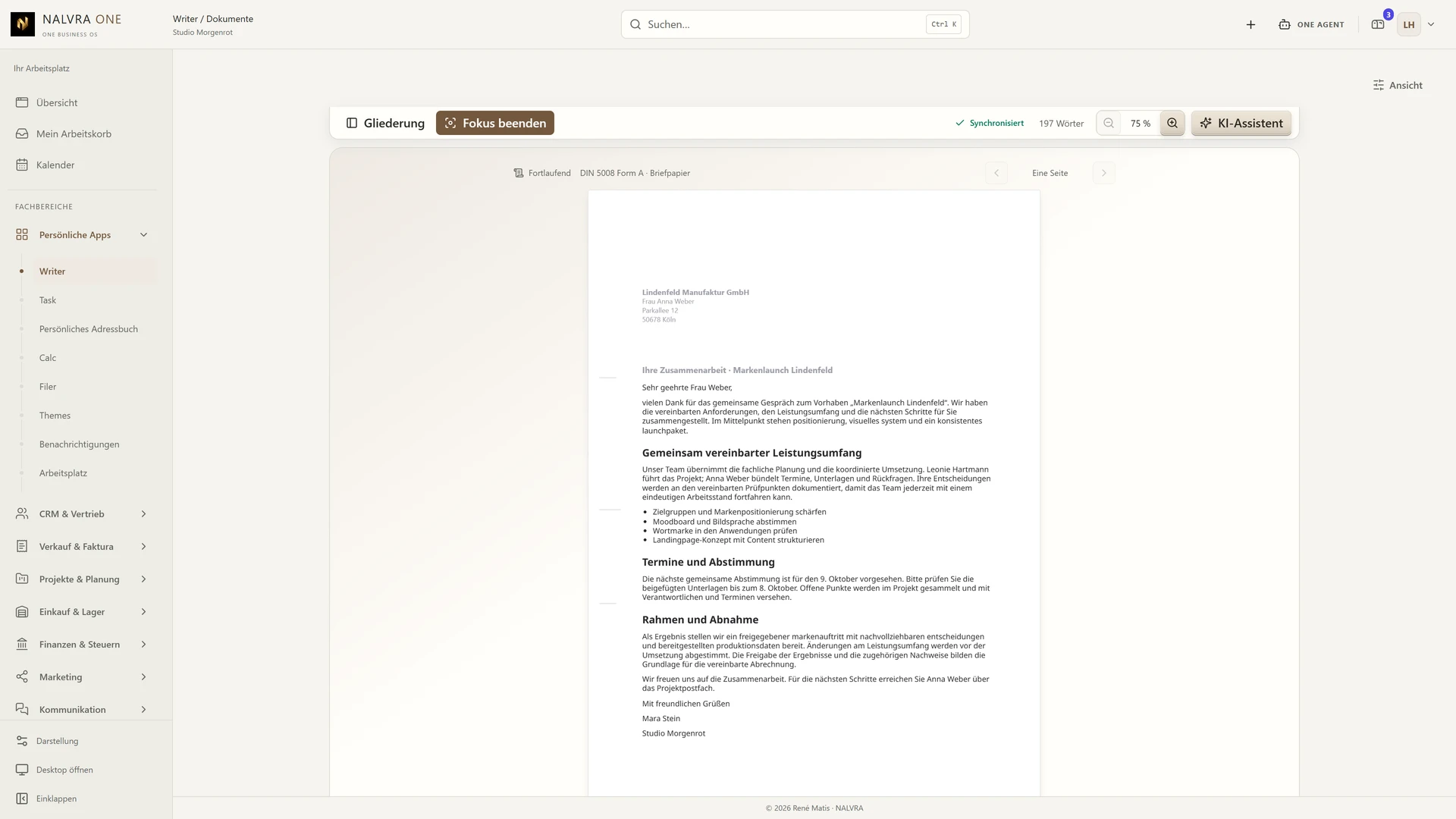Geschäftsbrief im Writer im hellen Design