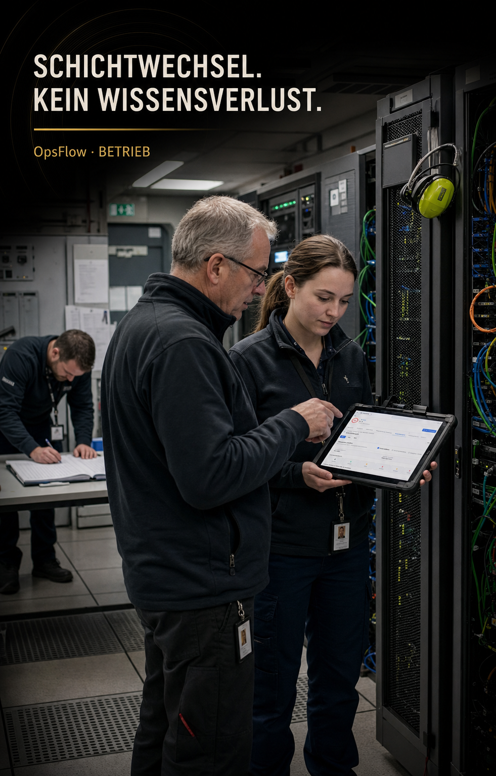 Technisches Team bei einer dokumentierten Schichtübergabe im Rechenzentrum