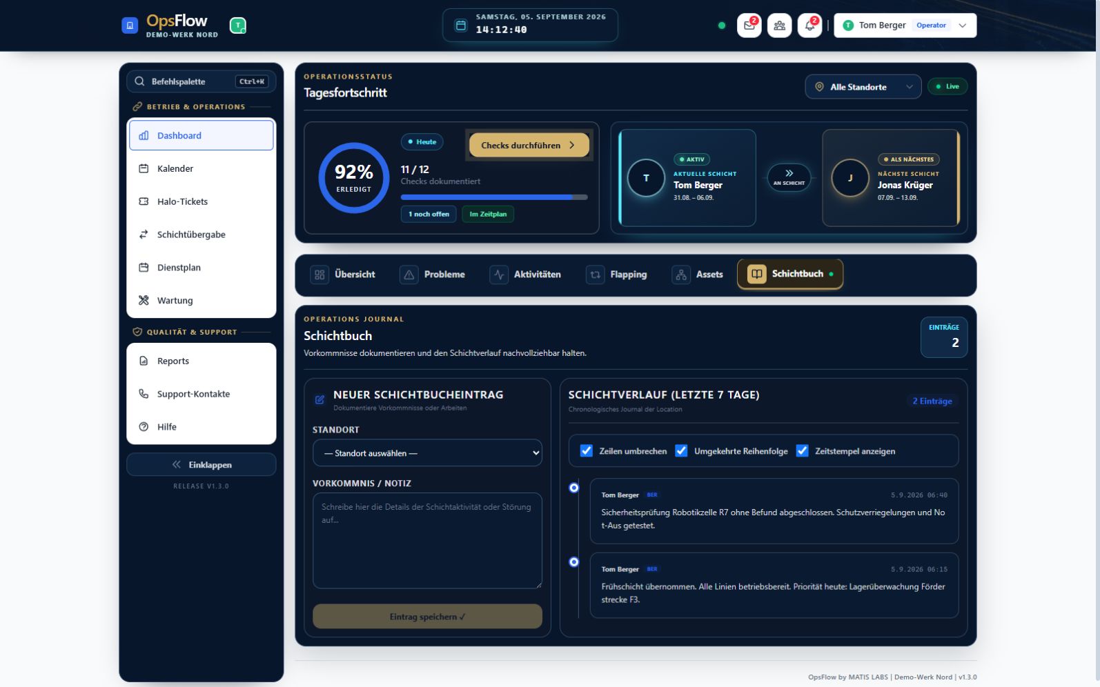 NALVRA OPS: Chronologisches Betriebsjournal mit Personen, Standorten und Zeitstempeln.