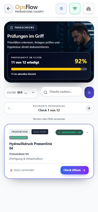 NALVRA OPS: Mobile Check-Auswahl mit Suche, Status und Anlagenzuordnung.