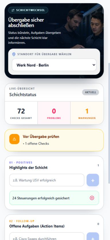 NALVRA OPS: Schichtstatus, offene Prüfungen und Highlights für die nächste Schicht.