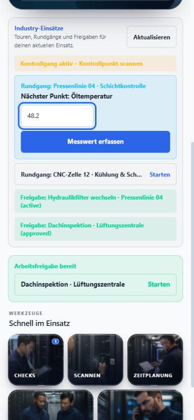NALVRA OPS: Messwert erfassen, Anlagenrundgänge starten und Arbeitsfreigaben nutzen.