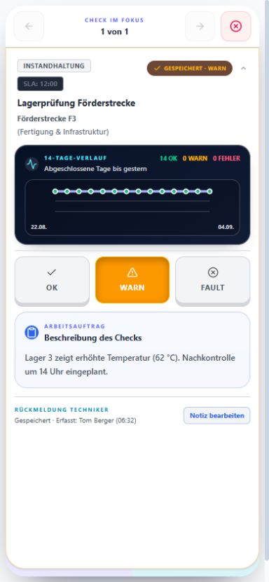 NALVRA OPS: Warnstatus und konkrete Nachkontrolle für ein auffälliges Lager.