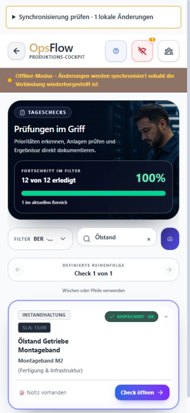 NALVRA OPS: Lokal gespeicherte Prüfung mit ausstehender Synchronisierung.