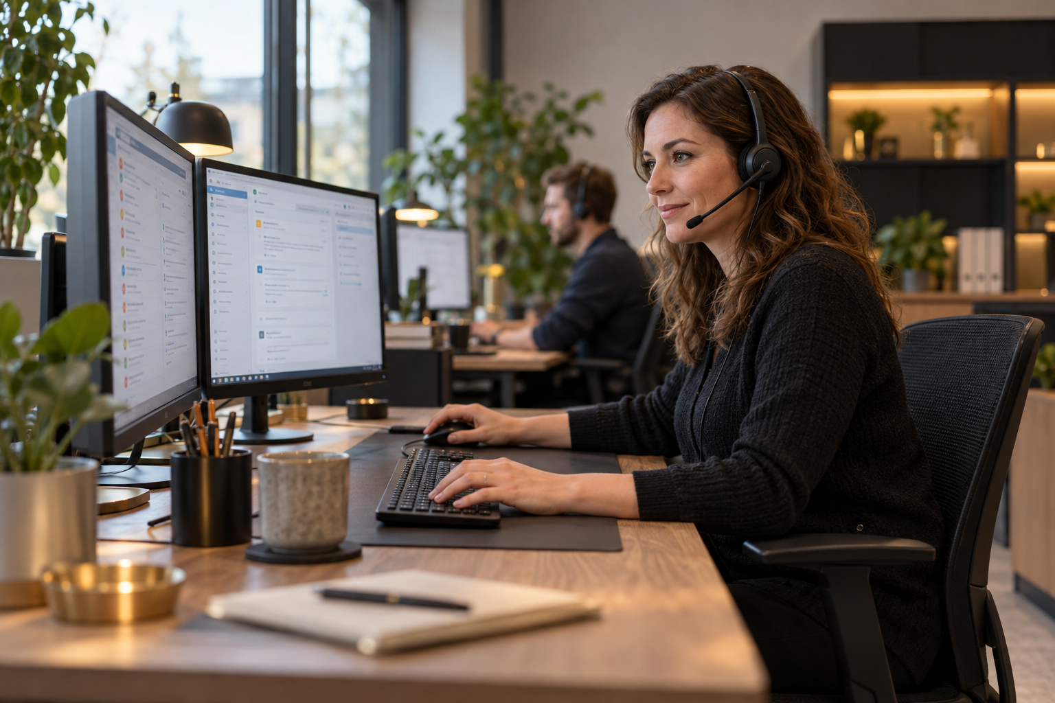 IT-Support-Spezialistin mit Headset bearbeitet Anfragen an ihrem Arbeitsplatz.