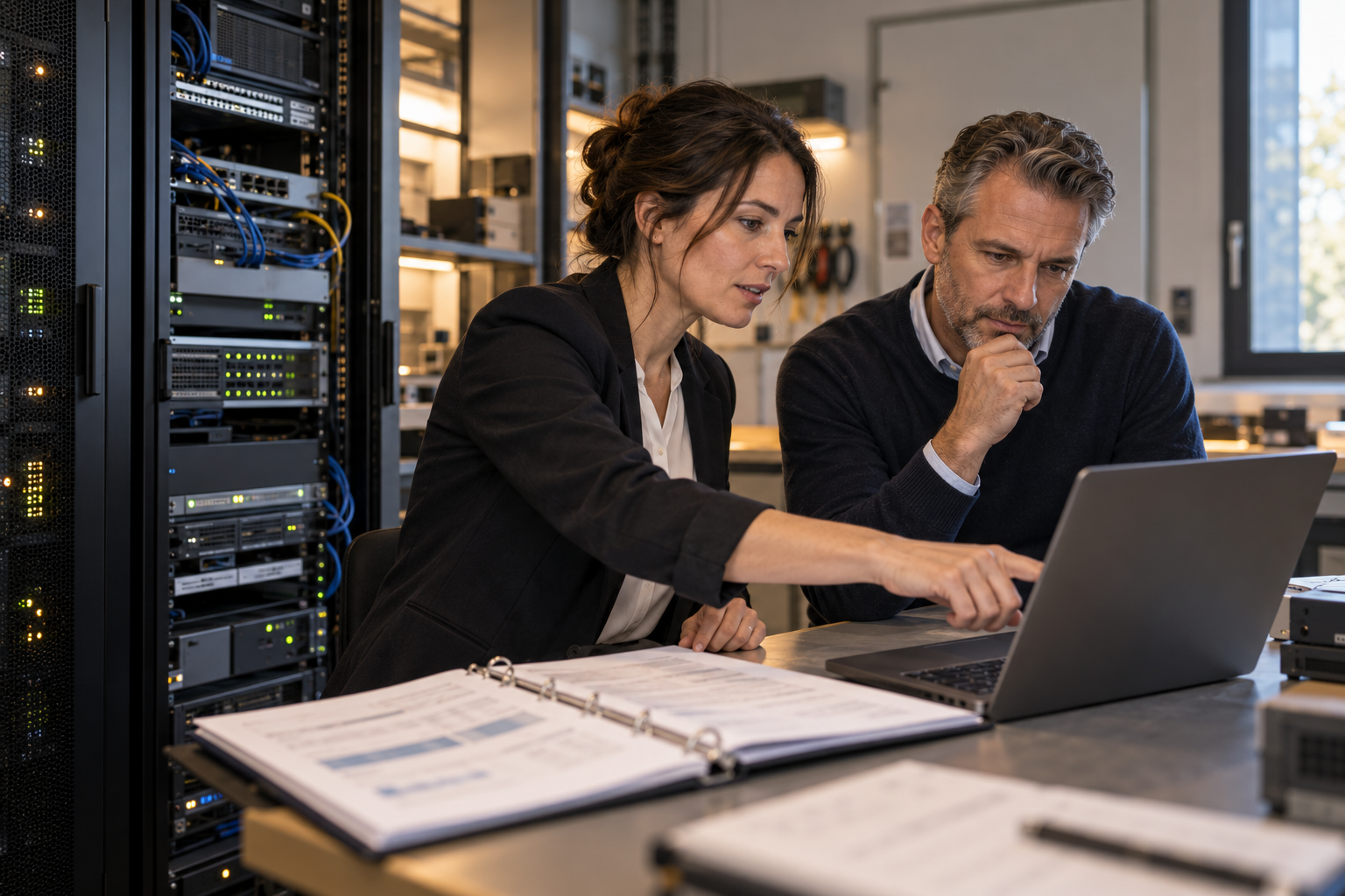 Sicherheitsberaterin und IT-Verantwortlicher prüfen Unterlagen neben einem Serverschrank.
