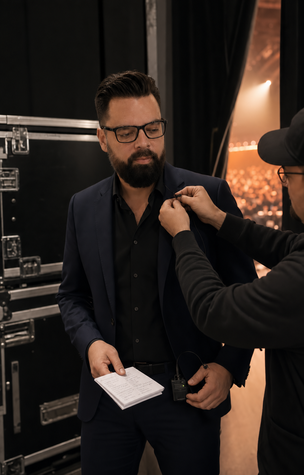 Illustratives Backstage-Motiv von René Matis vor einem Bühnenauftritt