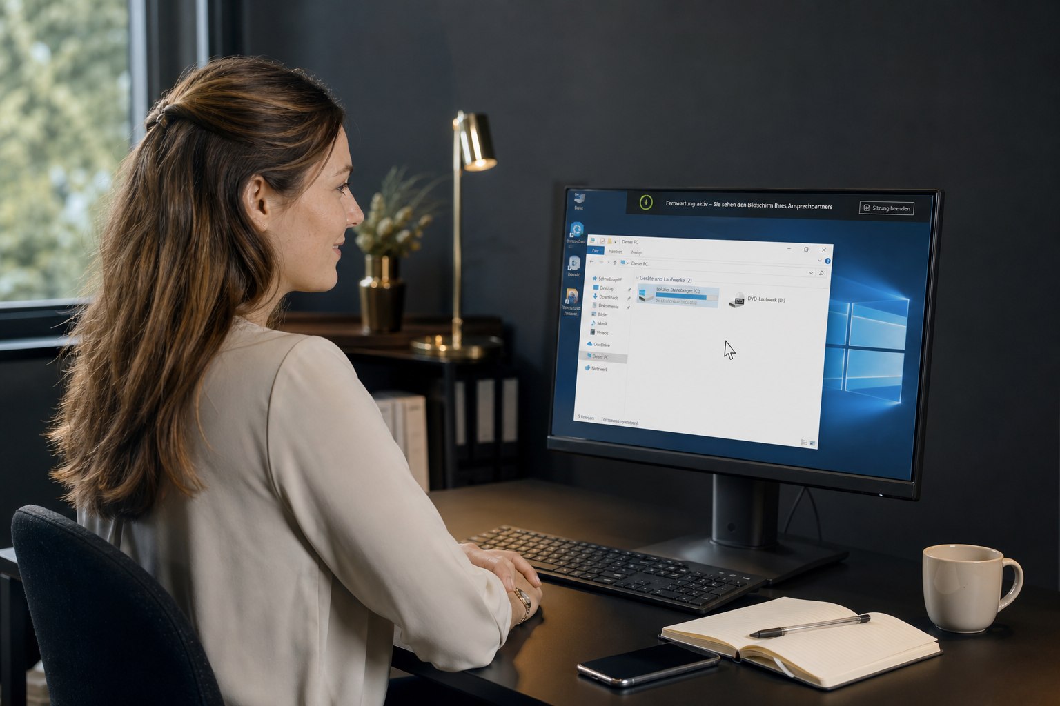 Kundin erhält an ihrem Windows-Arbeitsplatz Unterstützung per Remotehilfe